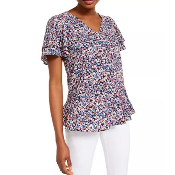 ⭐Floral Michael Kors Flounce Sleeve Top Medium ⭐ - Picture 1 of 7